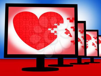 Puzzle Heart On Monitors Shows Love And Marriage