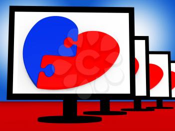 Two-Pieced Heart On Monitors Shows Romantic Complement Or Couple