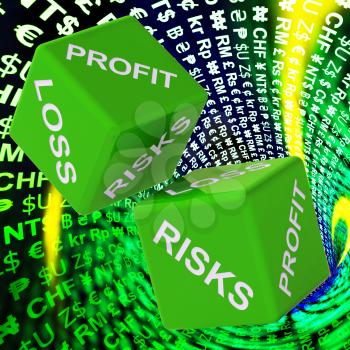 Profit, Loss, Risks Dice Background Shows Risky Investments Or Commerce
