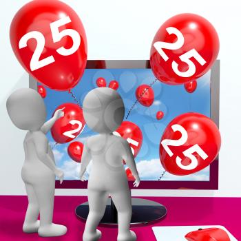 Number 25 Balloons from Monitor Showing Online Invitation or Celebration