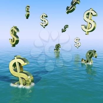 Dollars Falling In The Sea Showing Depression Recession And Economic Downturns