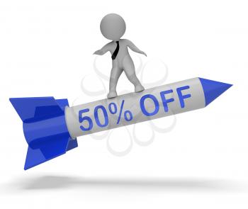 Fifty Percent Off Character On Rocket Showing Sale 3d Illustration