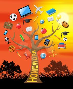 Homework Tree With Icons Shows Study Assignment 3d Illustration