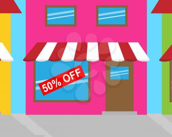 Fifty Percent Off Sign In Shop Window Means Sale 3d Illustration