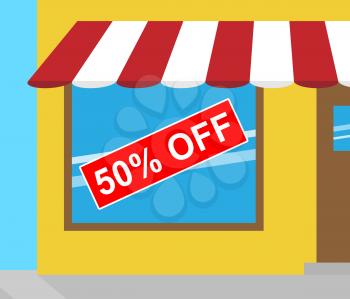 Fifty Percent Off Sign In Shop Window Meaning Sale 50% 3d Illustration