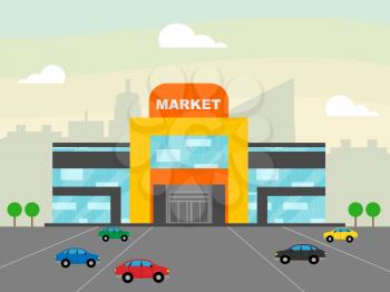 Market Sign Shops Showing Grocery Shopping 3d Illustration