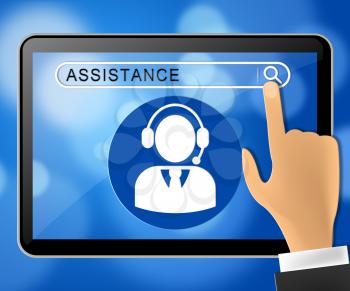 Assistance Tablet Representing Assisting Customers 3d Illustration