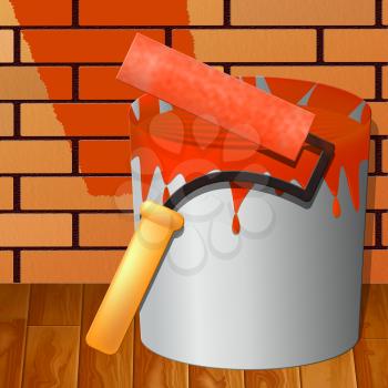 Red Paint Roller Showing House Painting 3d Illustration
