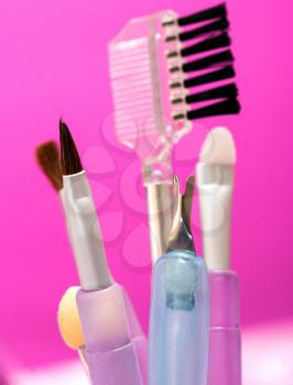 Different Makeup Brushes Indicating Beauty Product And Cosmetology