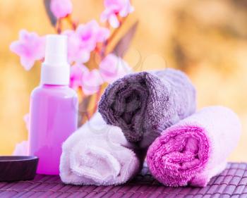Spa Wellness Objects Including Towels Oil and Flowers