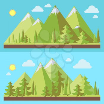 Mountain landscapes with pine trees in flat style, eco scenes, vector illustration
