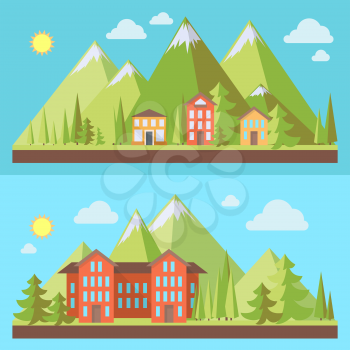 Mountain resorts, landscapes with pine trees in flat style, eco scene, vector illustration set