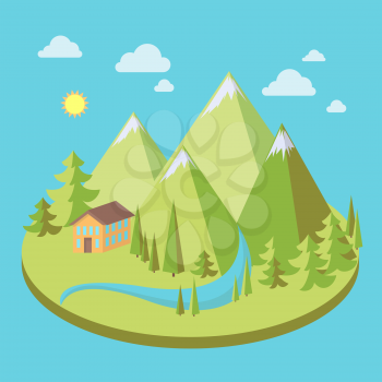 Mountain landscape with pine trees, house and river in flat style, eco scene, vector illustration