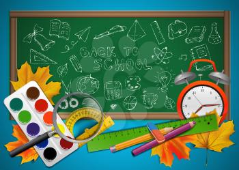 Back to school illustration with sketch school objects drawn on the blackboard