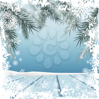 Winter background. Winter snow landscape with wooden table in front. Vector illustration