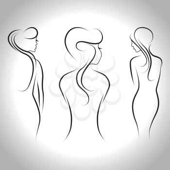 Abstract set of three beautiful women standing back. Vector outline illustration
