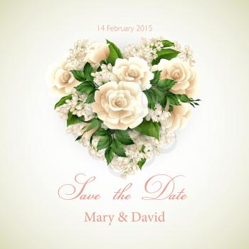 Wedding invitation with a heart of flowers. Vector illustration