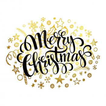 Merry Christmas lettering in golden doodle pattern EPS 10
