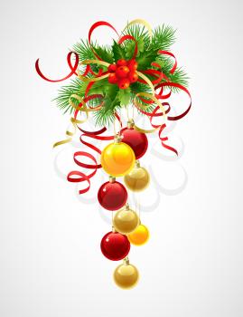 Christmas decoration holly with berries and christmas ball. Vector illustration EPS 10