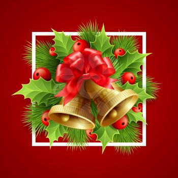 Christmas decoration  with evergreen trees, holly and bells. Vector illustration EPS 10
