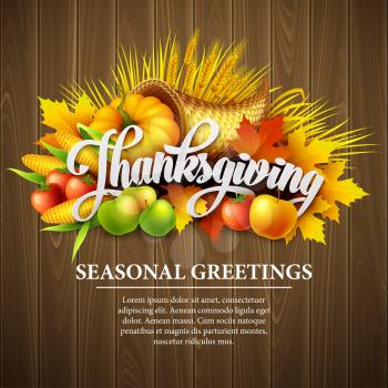 Illustration of a Thanksgiving cornucopia full of harvest fruits and vegetables. Vector EPS 10