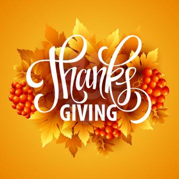 Happy Thanksgiving with text greeting and autumn leaves . Vector illustration EPS 10