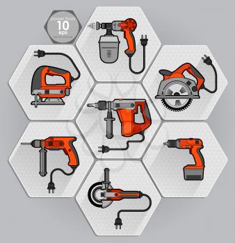 Power tool set. Vector illustration. Builder equipment