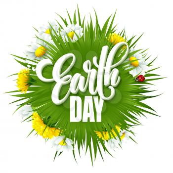 Earth Day Lettering poster with title. Green globe planet with grass and flowers. Vector illustration EPS10