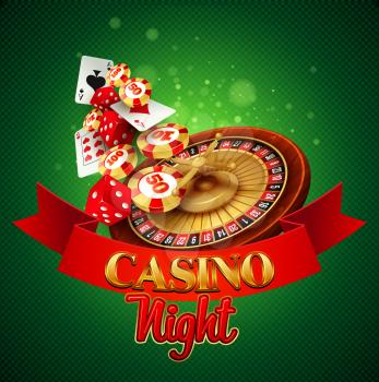 Casino background with cards, chips, craps and roulette. Vector illustration