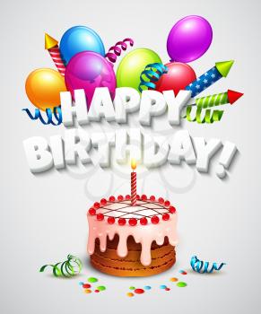 Happy birthday greeting card with cake and balloons. Vector illustration EPS 10