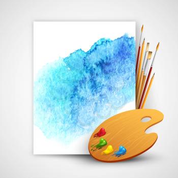 Realistic brush and palette on blue watercolor background EPS 10
