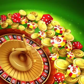 Casino background with chips, craps and roulette. Vector illustration EPS 10