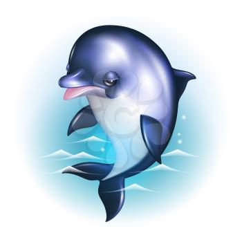 Dolphin cartoon against the background of the waves. Vector illustration EPS 10