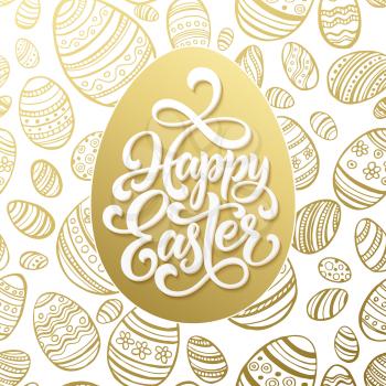 Happy Easter greeting lettering on golden seamless egg pattern. Vector illustration EPS10