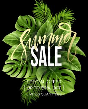 Sale banner, poster with palm leaves, jungle leaf and handwriting lettering. Floral tropical summer background. Vector illustration EPS10