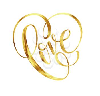 Love gold lettering text on background, hand painted letter, golden valentines day handwritten calligraphy for greeting card, invitation, wedding, save the date. Vector illustration EPS10