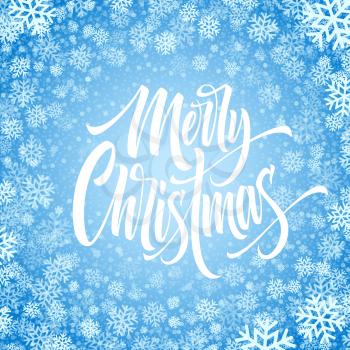 Merry Christmas hand drawn lettering in snowflakes frame. Xmas isolated calligraphy in round frame. Christmas frozen lettering in snowfall. Xmas icy calligraphy. Banner, poster winter design.Vector