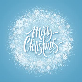 Merry Christmas lettering in snowy frame. Xmas confetti, frost dust and snowflakes round frame. Merry Christmas greeting isolated on frozen background. Postcard design. Vector illustration