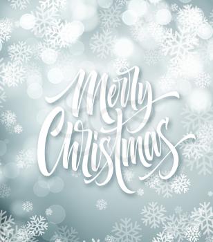 Merry Christmas hand drawn lettering. Xmas calligraphy with snowflakes and round sparks. Merry Christmas lettering on silver background. Xmas greeting. Poster, banner design. Isolated vector