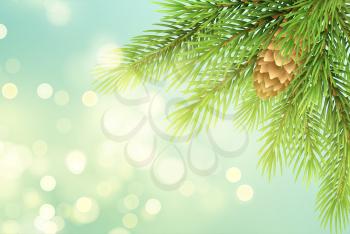 Realistic fir-tree branch with pinecone illustration. Spruce twig with bump on shining background. Christmas decoration with sparkling round lights. Postcard, banner design. Vector illustration