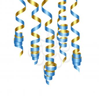 Party decorations blue and golden streamers or curling party ribbons. Vector illustration EPS10