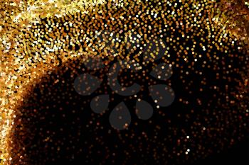 Golden glitter texture on black background. Round shimmer glowing particles. Golden glitter explosion effect. Shiny sparkles confetti. Banner, poster, greeting card design shining vector backdrop