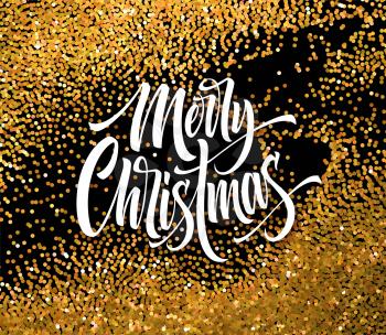 Merry Christmas greeting card glitter vector template. Xmas hand lettering on black background with golden glitter. Merry Christmas calligraphtyic with sparkle confetti effect. Poster, banner design
