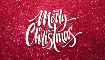 Merry Christmas greeting card glitter vector template. Sparkle texture. Xmas hand lettering with pink glitter. Merry Christmas calligraphic lettering and sparkle confetti effect. Poster, banner design