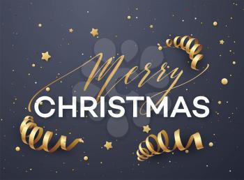 Merry Christmas greeting card vector template. Merry Christmas lettering with golden streamer, glitter and stars on dark blue background. Xmas decoration elements. Holiday banner, poster design