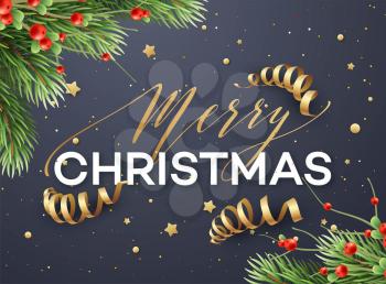Merry Christmas greeting card vector template. Merry Christmas lettering with streamers, glitter, stars. Realistic fir tree branches and mistletoe twigs. Xmas holiday poster, banner design