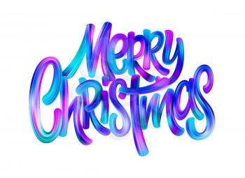 Merry Christmas paint brush gradient lettering. Xmas greeting. Blue and pink brush strokes. Oil paint smears. Merry Christmas acrylic lettering. Banner, poster design element. Isolated vector