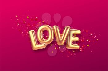 Balloons inscription Love on the background of the color gold glitter confetti. Vector illustration EPS10