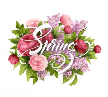 Stylish poster with beautiful flowers and Spring lettering. Lilac, rose, peony flower bouquet. Vector illustration EPS10