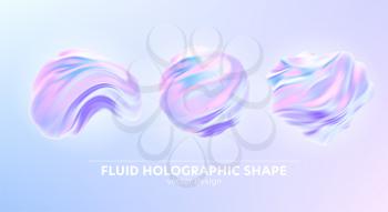 Set of Trendy realistic pattern with holographic 3d shape on blue background for banner design. Fluid shape background. Rainbow background. Fluid holographic pattern. Vector illustration EPS10